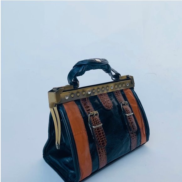 Vintage 90’s Leather and Snakeskin & Brass Bag - Picture 1 of 4